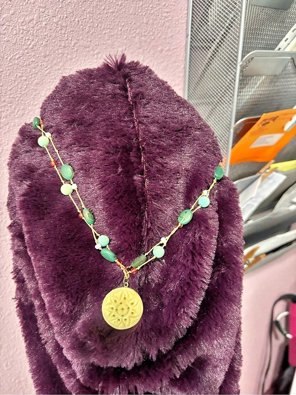 Beaded Pendant Necklace. Variety of greens. Like New